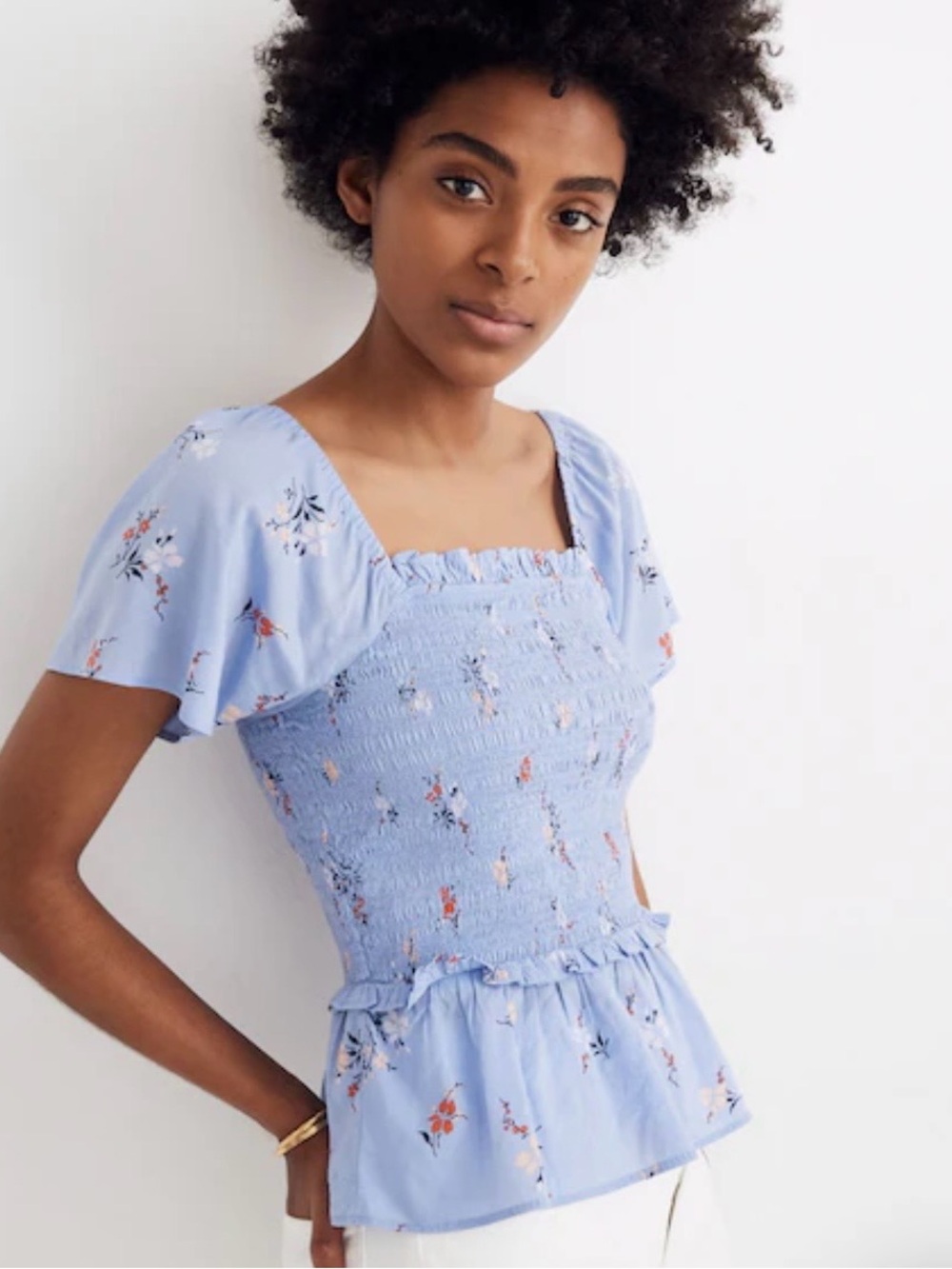 Madewell Smocked Flutter-Sleeve Top in Aloha Floral